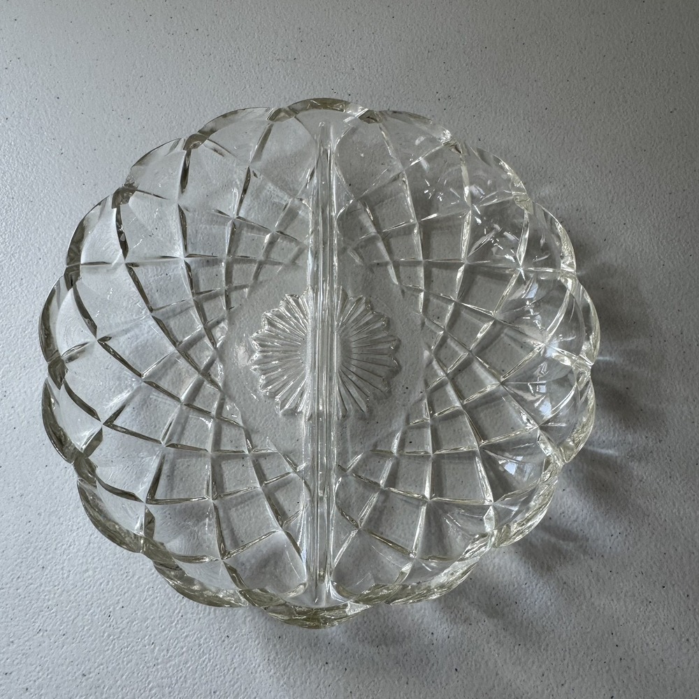 Vintage Clear Pressed Glass HAZEL ATLAS Divided Relish Candy Nut 6.5" Dish
